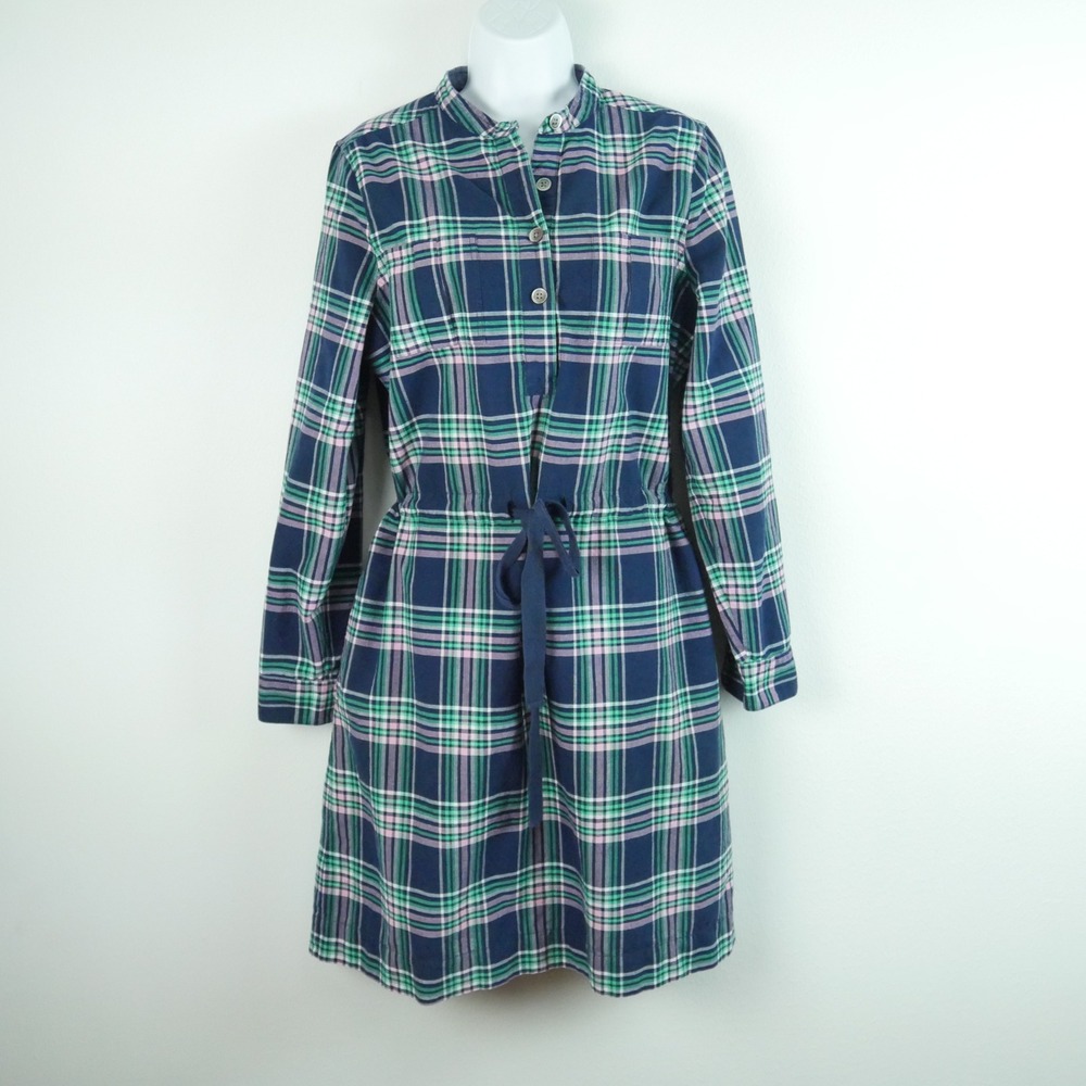 Lands End Plaid Shirt Dress Cotton Drawstring Waist Roll tab 12 Pockets Preppy